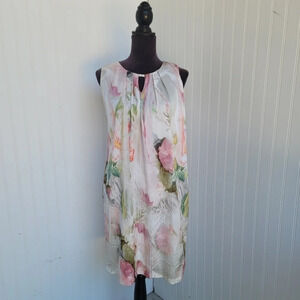 Yest Womens Dress White Pink Floral Roses Silky Stretch Dress Sleveless Sz 6